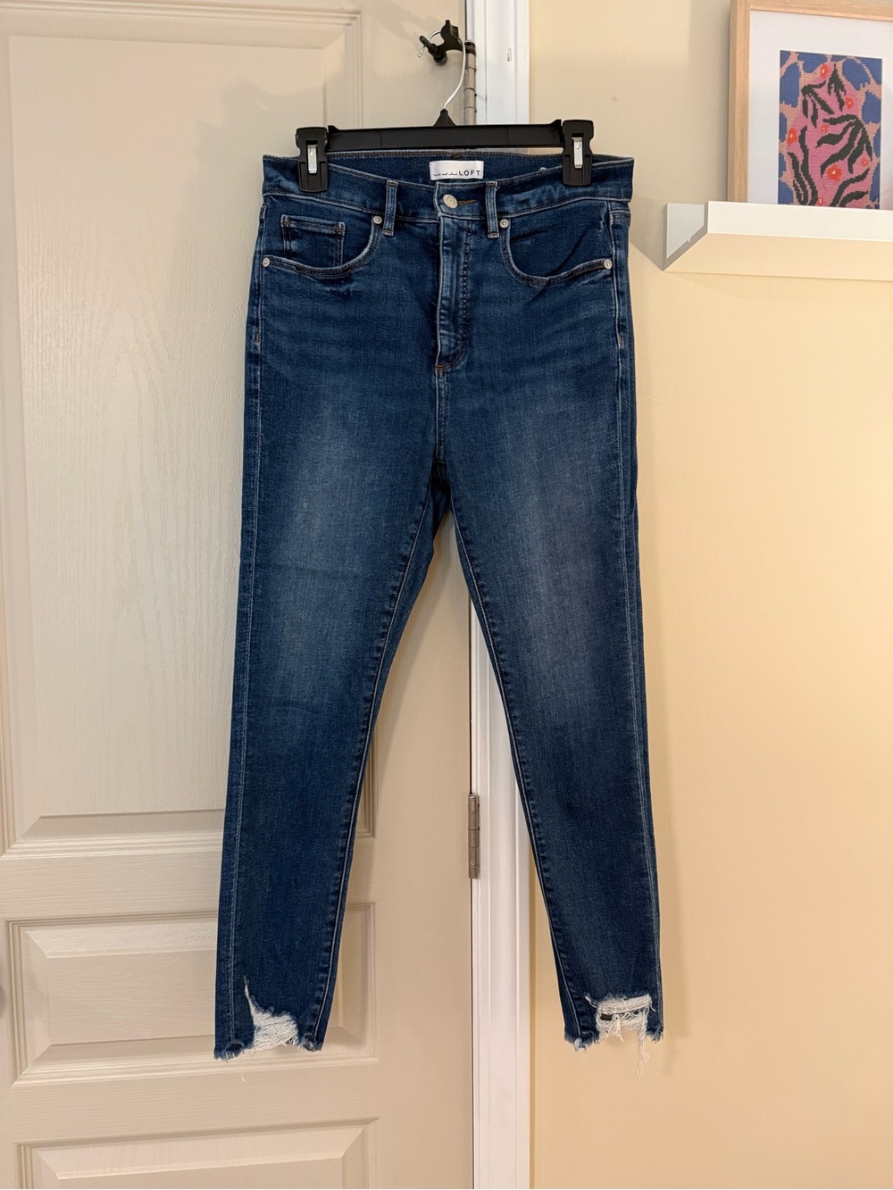 LOFT Dark Blue Skinny Jeans with Raw Frayed Hem
